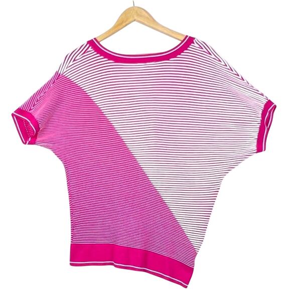 Ribbed Knit Asymmetrical Shoulder V Neck Colorblock 80s Inspired Pink Sweater L - Picture 2 of 10